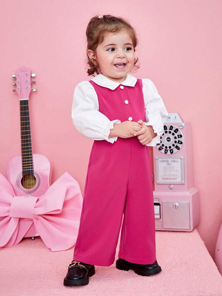 Baby Girl 2 In 1 Turn-Down Collar Long Sleeve Loose Jumpsuit
