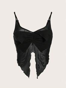 ROMWE PUNK 褶邊不對稱下擺網紗吊帶上衣 - 黑色 - 查看 1