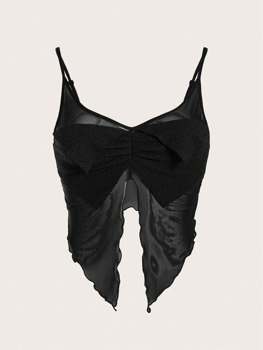 ROMWE PUNK 褶邊不對稱下擺網紗吊帶上衣 - 黑色 - 查看 1