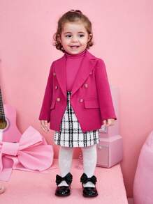 SHEIN 女嬰雙排釦西裝外套&格紋印花半身裙&T恤 - 彩色 - 查看 3