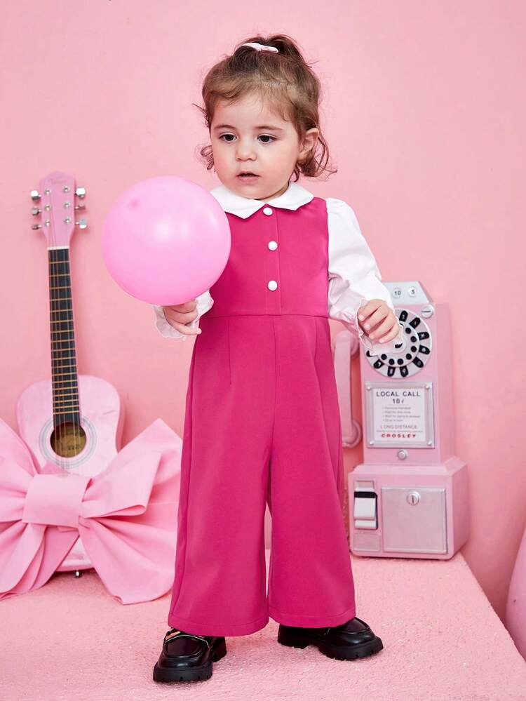 Baby Girl 2 In 1 Turn-Down Collar Long Sleeve Loose Jumpsuit