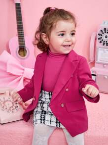 SHEIN 女嬰雙排釦西裝外套&格紋印花半身裙&T恤 - 彩色 - 查看 4