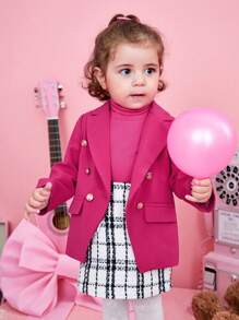 SHEIN 女嬰雙排釦西裝外套&格紋印花半身裙&T恤 - 彩色 - 查看 5