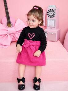 SHEIN 女嬰愛心圖案荷葉邊腰帶燈芯絨連衣裙 - 彩色 - 查看 4