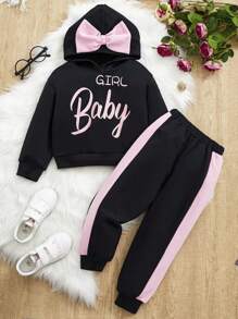 SHEIN 女小童字母圖案前蝴蝶結連帽衫&拼接側邊接縫衛褲 - 黑色 - 查看 1