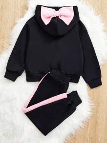 SHEIN 女小童字母圖案前蝴蝶結連帽衫&拼接側邊接縫衛褲 - 黑色 - 查看 2