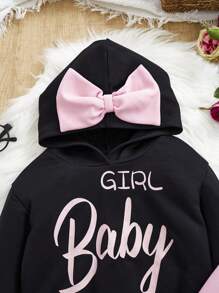 SHEIN 女小童字母圖案前蝴蝶結連帽衫&拼接側邊接縫衛褲 - 黑色 - 查看 4