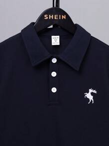 SHEIN 青少年男孩休閒經典鹿紋POLO衫，翻領款式 - 藏蓝色 - 查看 3