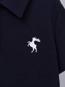 SHEIN 青少年男孩休閒經典鹿紋POLO衫，翻領款式 - 藏蓝色 - 查看 5