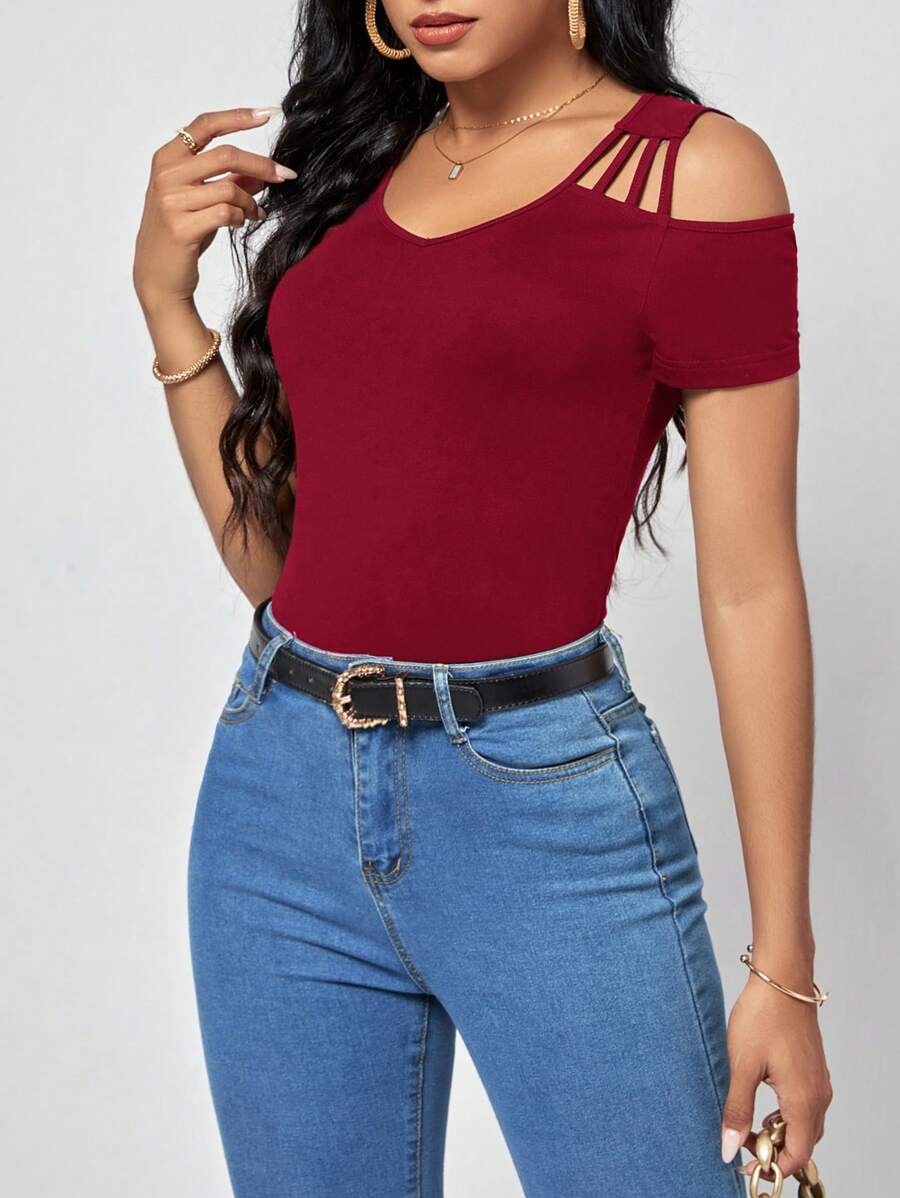 SHEIN Clasi Camiseta unicolor de hombros descubiertos - Burdeos - Ver 1