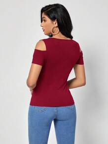 SHEIN Clasi Camiseta unicolor de hombros descubiertos - Burdeos - Ver 2