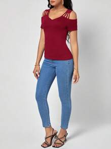 SHEIN Clasi Camiseta unicolor de hombros descubiertos - Burdeos - Ver 4