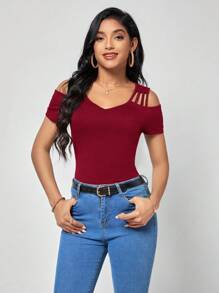 SHEIN Clasi Camiseta unicolor de hombros descubiertos - Burdeos - Ver 6