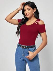 SHEIN Clasi Camiseta unicolor de hombros descubiertos - Burdeos - Ver 7