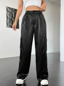 SHEIN EZwear 素色側翻蓋口袋長褲 - 黑色 - 查看 3