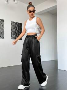 SHEIN EZwear 素色側翻蓋口袋長褲 - 黑色 - 查看 6