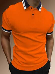 Manfinity Homme 男款對比邊飾半扣領彩塊燒橙色工作商務休閒Polo衫，男友禮物 - 橘色 - 查看 6