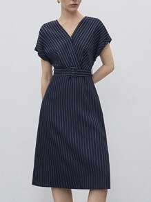 BizChic 條紋圖案蝙蝠袖繫腰帶連衣裙 - 藏蓝色 - 查看 1
