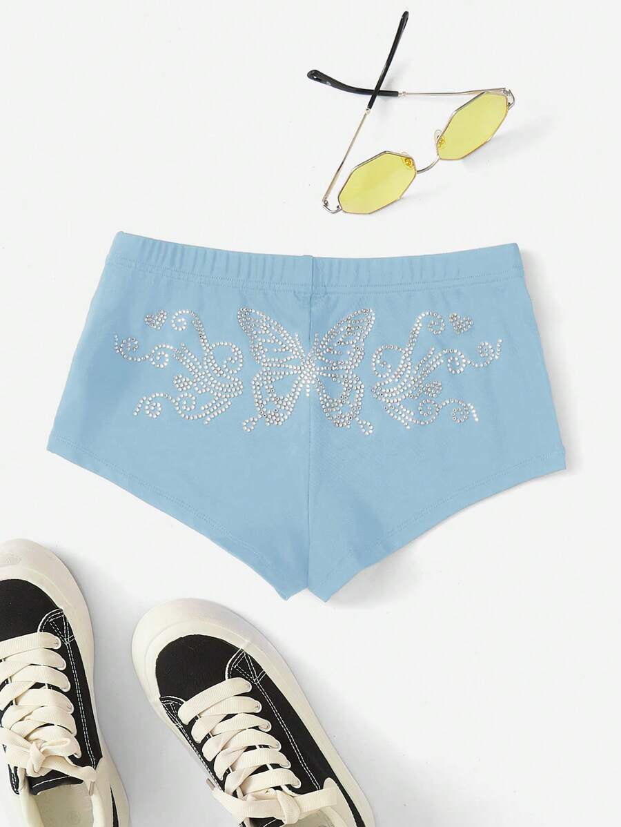 SHEIN ICON Rhinestone Butterfly Pattern Cycling Shorts - Baby Blue - View 1