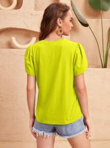 SHEIN Clasi Solid Petal Sleeve Tee - Lime Green - View 3