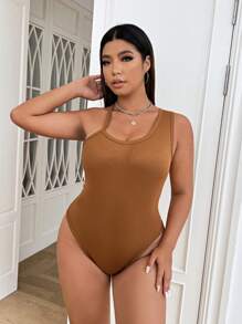 SHEIN EZwear Plus Asymmetrical Neck Ribbed Knit Bodysuit