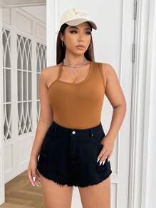 SHEIN EZwear Plus Asymmetrical Neck Ribbed Knit Bodysuit