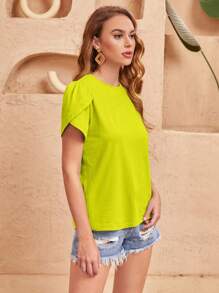 SHEIN Clasi Solid Petal Sleeve Tee - Lime Green - View 4