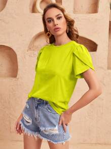 SHEIN Clasi Solid Petal Sleeve Tee - Lime Green - View 5