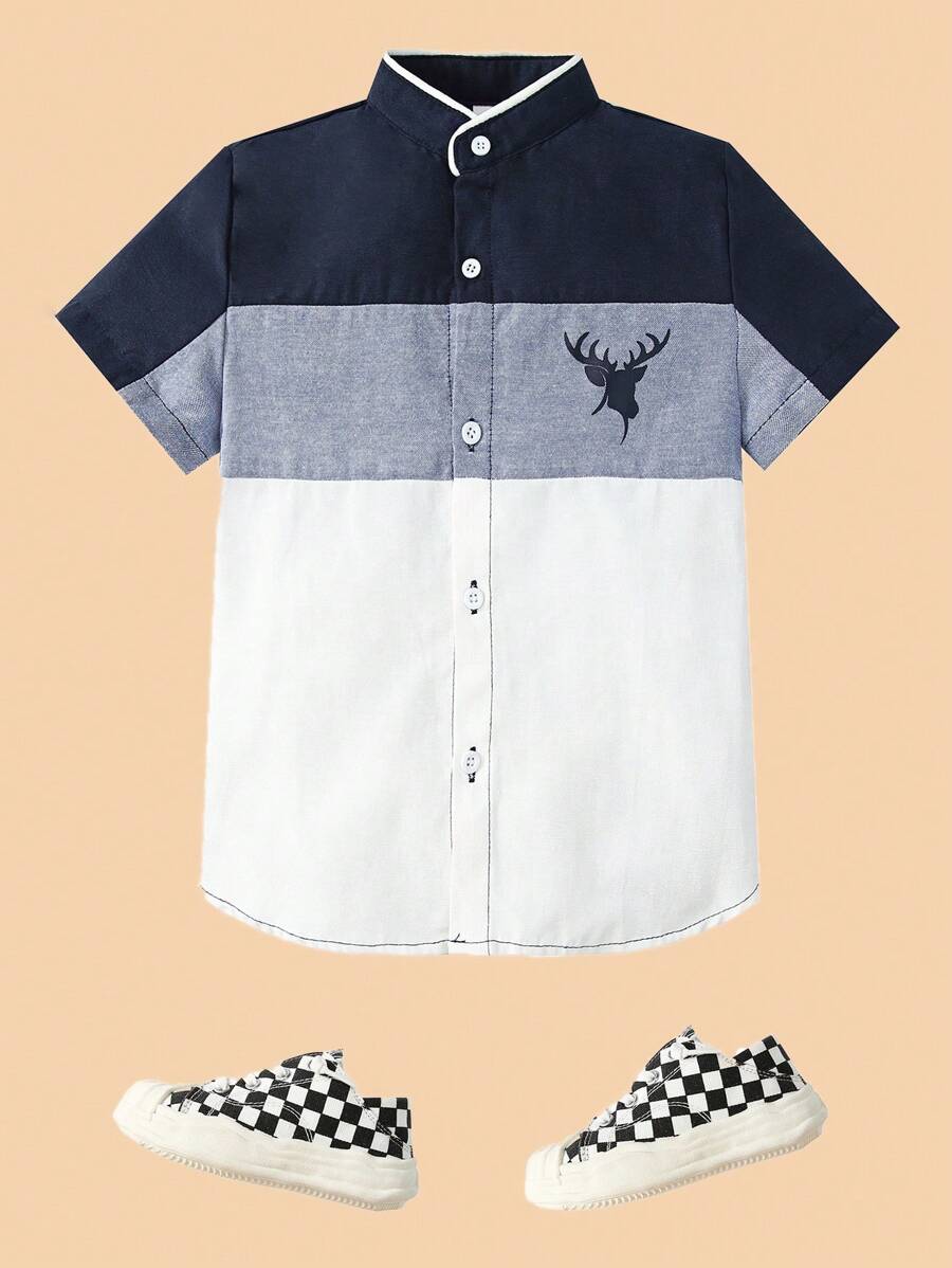 SHEIN Young Boy Deer Print Colourblock Shirt - Multicolor - View 1