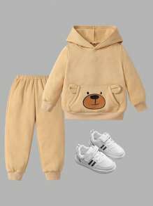 SHEIN Young Boy Cartoon Graphic 3D Ears Design Hoodie & Sweatpants - Khaki - View 1