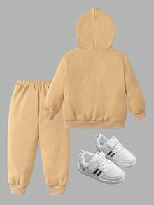 SHEIN Young Boy Cartoon Graphic 3D Ears Design Hoodie & Sweatpants - Khaki - View 2