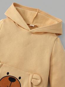 SHEIN Young Boy Cartoon Graphic 3D Ears Design Hoodie & Sweatpants - Khaki - View 5