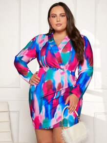 SHEIN Privé Plus 1pc Tie Dye Shawl Neck Bodycon Dress - Multicolor - View 5