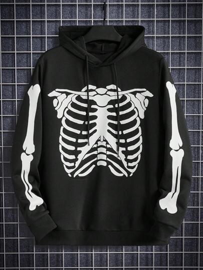Guys Skeleton Print Drawstring Hoodie