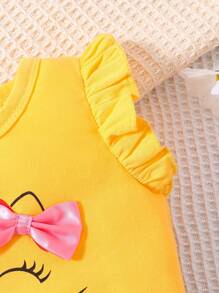 女嬰卡通圖案荷葉邊前蝴蝶結T恤&愛心圖案短褲 - 黃色 - 查看 4