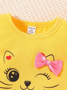 女嬰卡通圖案荷葉邊前蝴蝶結T恤&愛心圖案短褲 - 黃色 - 查看 7