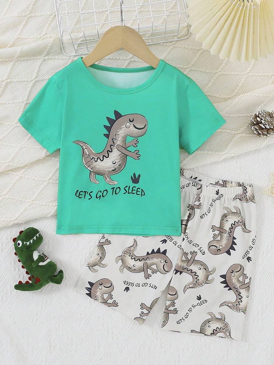 Young Boy Dinosaur & Slogan Graphic PJ Set - Green - View 1