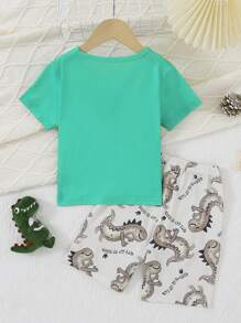 Young Boy Dinosaur & Slogan Graphic PJ Set - Green - View 2