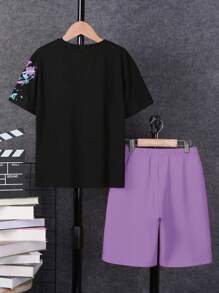 SHEIN Bộ đồ thể thao 2 món cho bé trai tuổi mới lớn - Áo phông in khẩu hiệu và quần short - Màu Lilac Tím - Xem 5