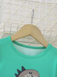 Young Boy Dinosaur & Slogan Graphic PJ Set - Green - View 3