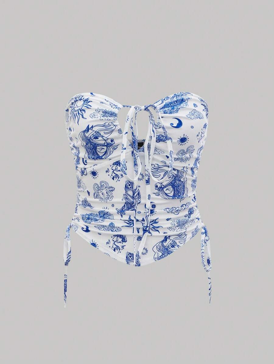SHEIN MOD Feather & Animal Print Drawstring Side Tube Top - Blue and White - View 1