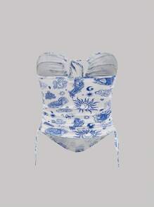 SHEIN MOD Feather & Animal Print Drawstring Side Tube Top - Blue and White - View 2