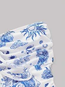 SHEIN MOD Feather & Animal Print Drawstring Side Tube Top - Blue and White - View 4