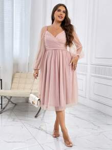 SHEIN Privé Plus Sweetheart Neck Lantern Sleeve Mesh Overlay Dress Wedding Guest Dress, Semi Formal Dress