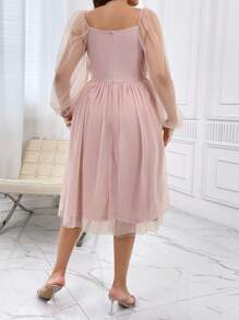 SHEIN Privé Plus Sweetheart Neck Lantern Sleeve Mesh Overlay Dress Wedding Guest Dress, Semi Formal Dress