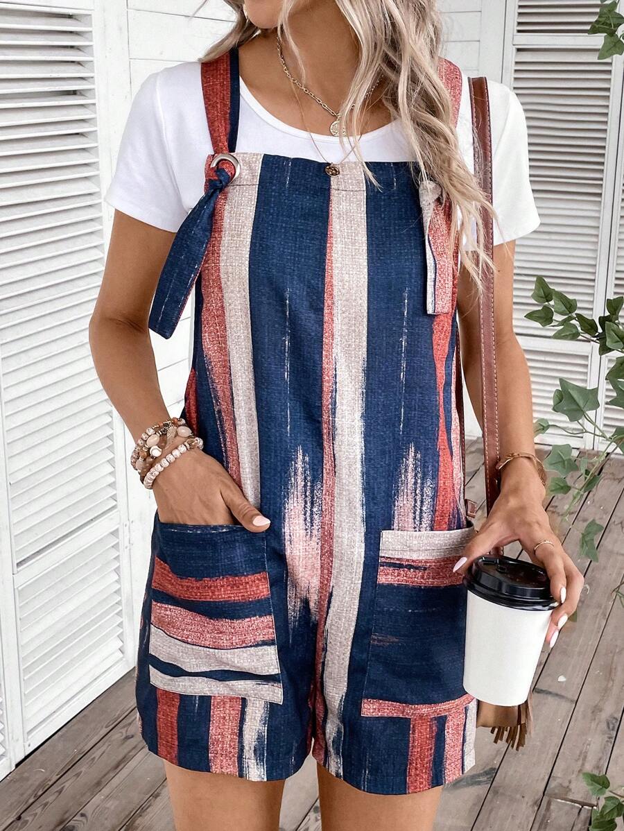 SHEIN LUNE 筆刷圖案雙口袋背帶連體短褲不帶T恤 - 彩色 - 查看 1