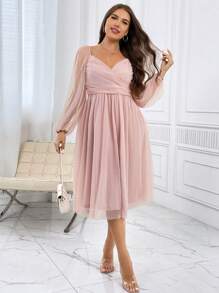 SHEIN Privé Plus Sweetheart Neck Lantern Sleeve Mesh Overlay Dress Wedding Guest Dress, Semi Formal Dress