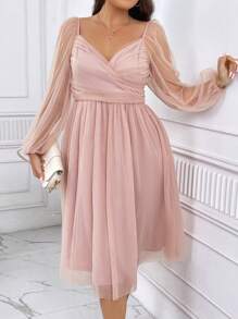 SHEIN Privé Plus Sweetheart Neck Lantern Sleeve Mesh Overlay Dress Wedding Guest Dress, Semi Formal Dress