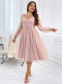 SHEIN Privé Plus Sweetheart Neck Lantern Sleeve Mesh Overlay Dress Wedding Guest Dress, Semi Formal Dress
