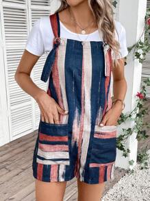 SHEIN LUNE 筆刷圖案雙口袋背帶連體短褲不帶T恤 - 彩色 - 查看 5